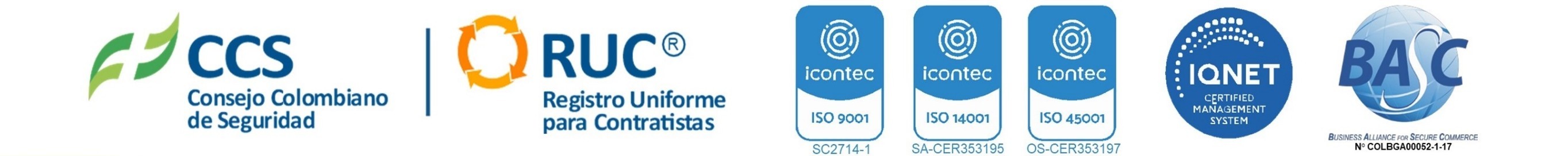 Sellos de certificación: ISO 9001:2015, ISO 14001:2015, ISO 45001:2018, NORSOK, RUC, BASC